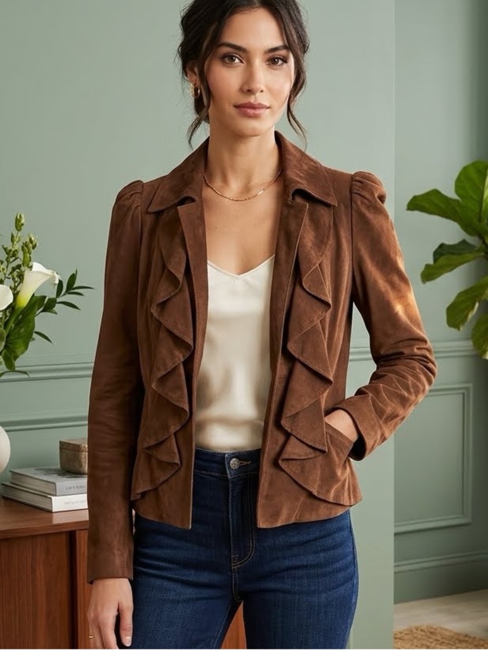 INC International Concepts Brown Ruffle Feminine Zip Up Jacket NWOT